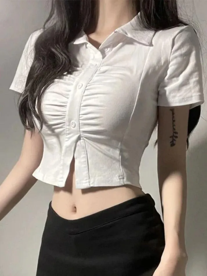 Uniwim ootd Pleated Slim White Short Sleeves Shirts