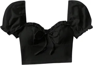 Verdusa Women's Frill Trim Sweetheart Neck Tie Front Short Puff Sleeve Crop Blouse Top