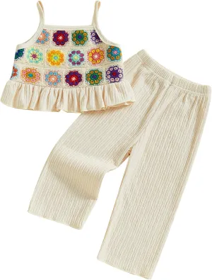 VISGOGO Baby Girl Outfits Toddler Girls Summer Clothes Crochet Flowers Camisole and Pants Set