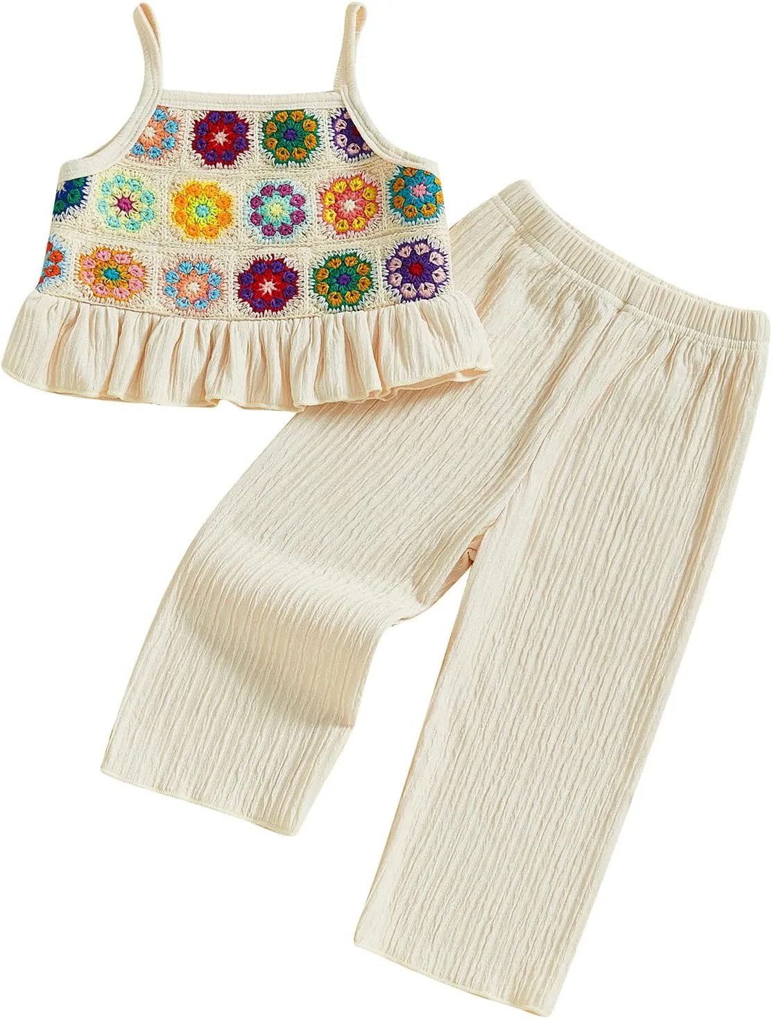 VISGOGO Baby Girl Outfits Toddler Girls Summer Clothes Crochet Flowers Camisole and Pants Set