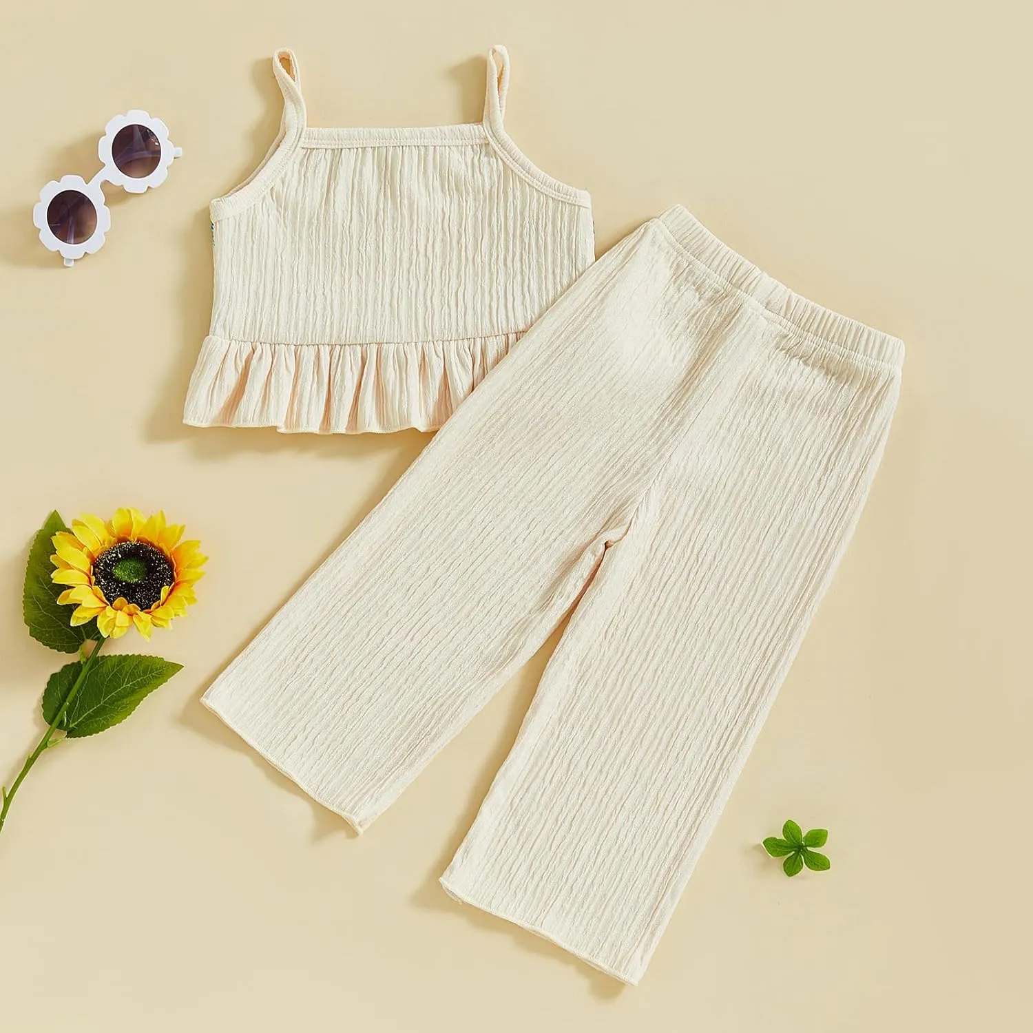 VISGOGO Baby Girl Outfits Toddler Girls Summer Clothes Crochet Flowers Camisole and Pants Set