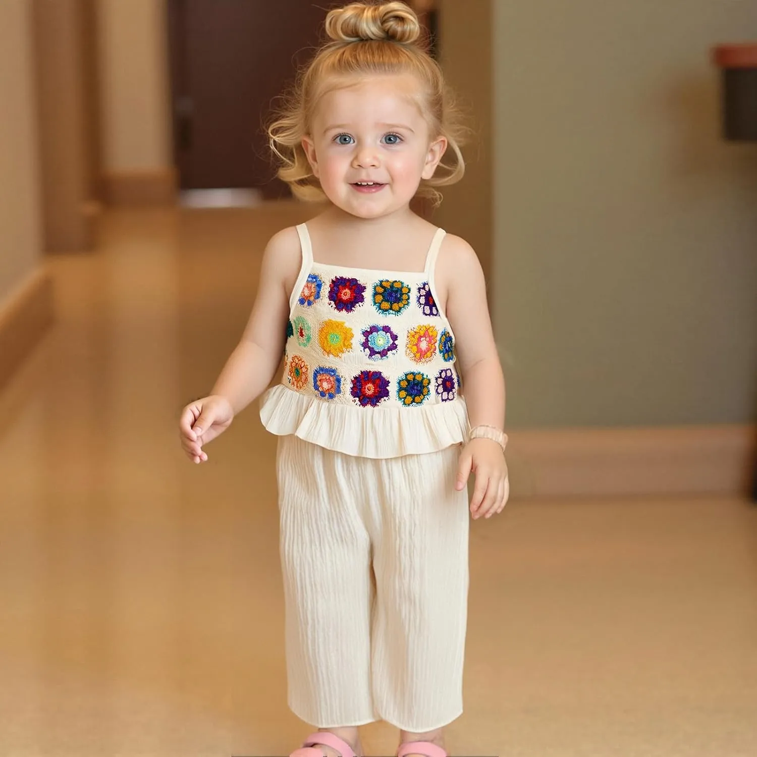 VISGOGO Baby Girl Outfits Toddler Girls Summer Clothes Crochet Flowers Camisole and Pants Set