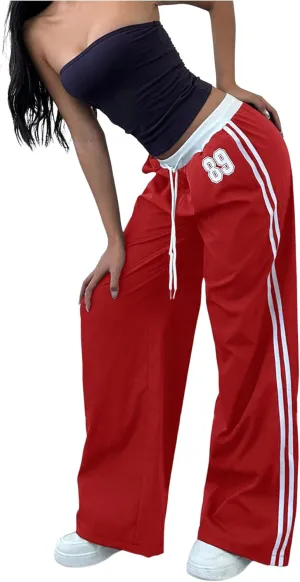 WDIRARA Women's Wide Leg Baggy Sweatpants Side Striped Number Graphic Track Pants with Pockets