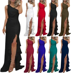 Wedding Guest Dress for Women 2025,Women's Slim One Shoulder Ruched Split Mermaid Dress Evening Cocktail Maxi Dresses