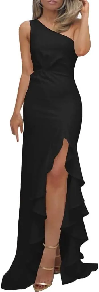 Wedding Guest Dress for Women 2025,Women's Slim One Shoulder Ruched Split Mermaid Dress Evening Cocktail Maxi Dresses