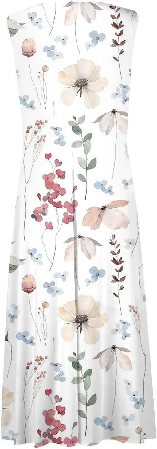 Wedding Guest Dresses for Women, Trendy Sleeveless V-Neck Flowy Long Dress Summer Floral Print Sexy Cocktail Dresses