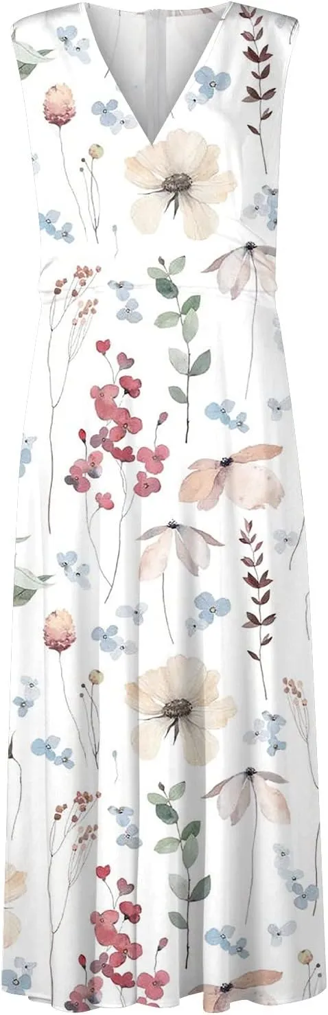 Wedding Guest Dresses for Women, Trendy Sleeveless V-Neck Flowy Long Dress Summer Floral Print Sexy Cocktail Dresses