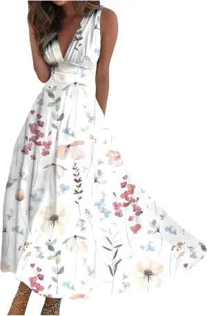 Wedding Guest Dresses for Women, Trendy Sleeveless V-Neck Flowy Long Dress Summer Floral Print Sexy Cocktail Dresses