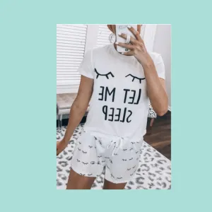 White Eyelash Slogan Tee and Drawstring Shorts Lounge Set