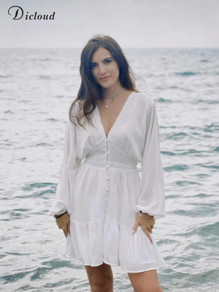 White Flowy long Sleeve Summer Dress