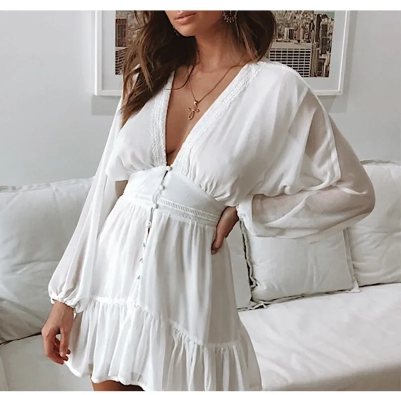 White Flowy long Sleeve Summer Dress