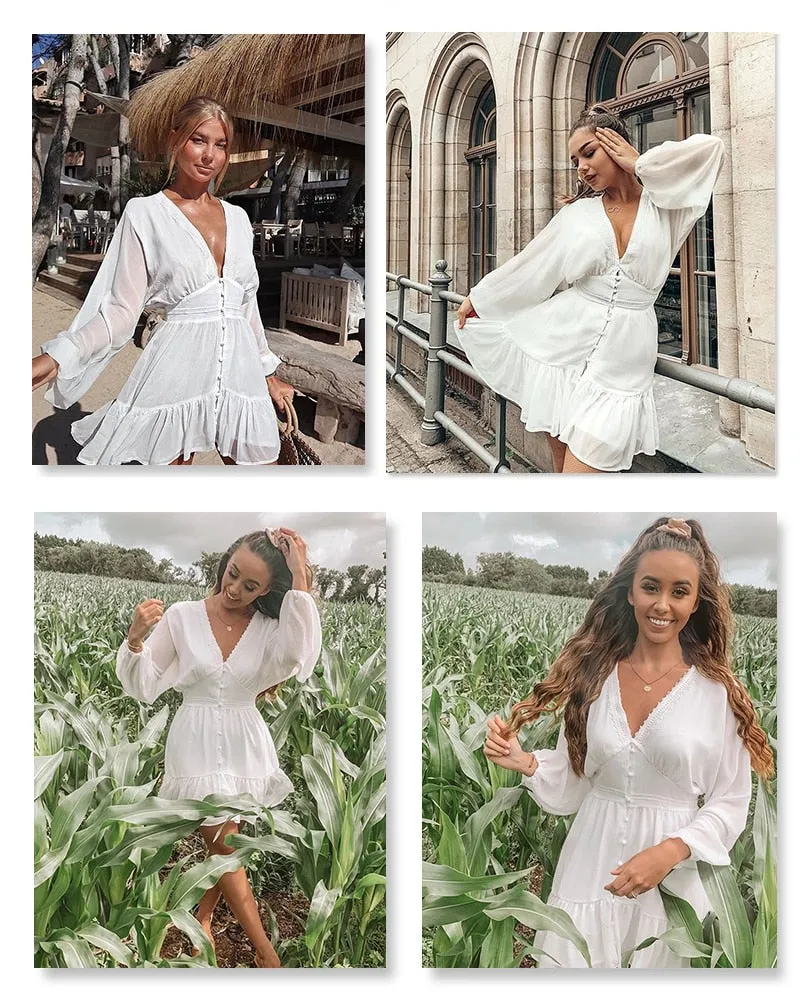 White Flowy long Sleeve Summer Dress
