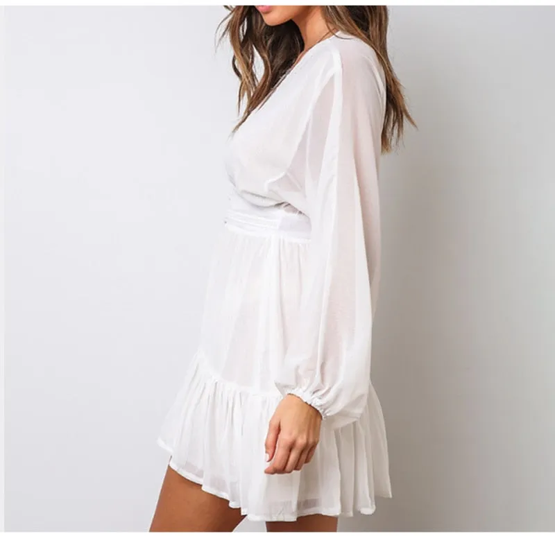 White Flowy long Sleeve Summer Dress