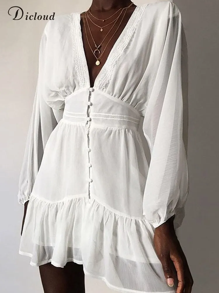 White Flowy long Sleeve Summer Dress