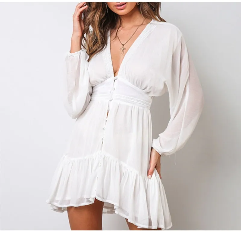 White Flowy long Sleeve Summer Dress