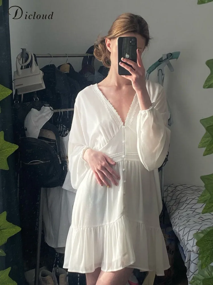 White Flowy long Sleeve Summer Dress