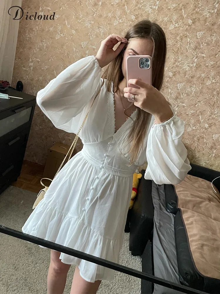 White Flowy long Sleeve Summer Dress