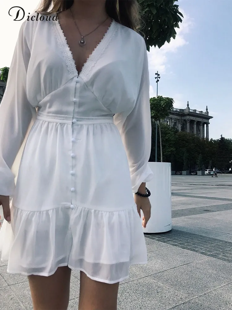 White Flowy long Sleeve Summer Dress