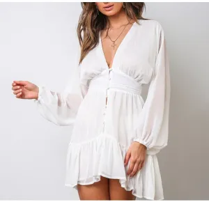 White Flowy long Sleeve Summer Dress