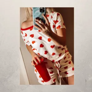 White Heart Prints Short Sleeve Tee and Drawstring Shorts Lounge Set