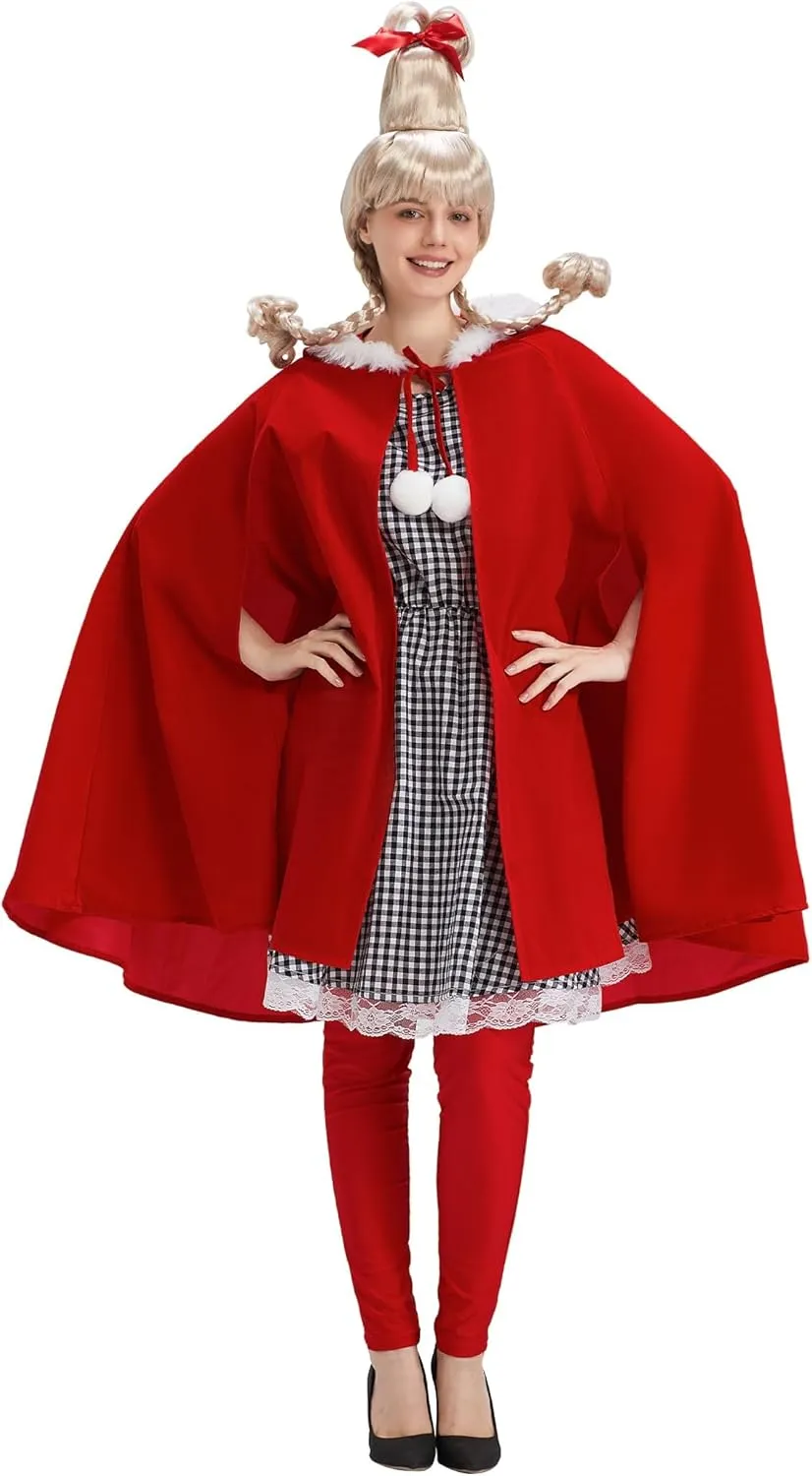 Who Lou Costume Adult Women Christmas Dress Cute Plaid Costumes Mrs Santa Xmas Cosplay Halloween Outfit Party Suit