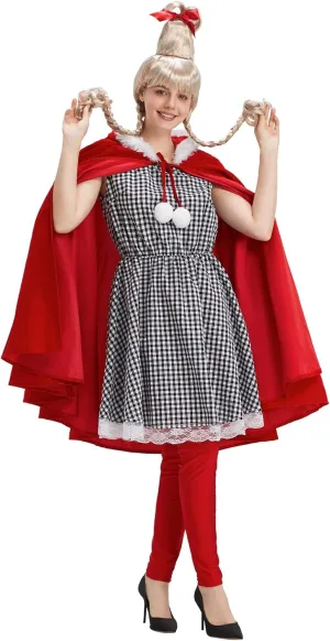 Who Lou Costume Adult Women Christmas Dress Cute Plaid Costumes Mrs Santa Xmas Cosplay Halloween Outfit Party Suit