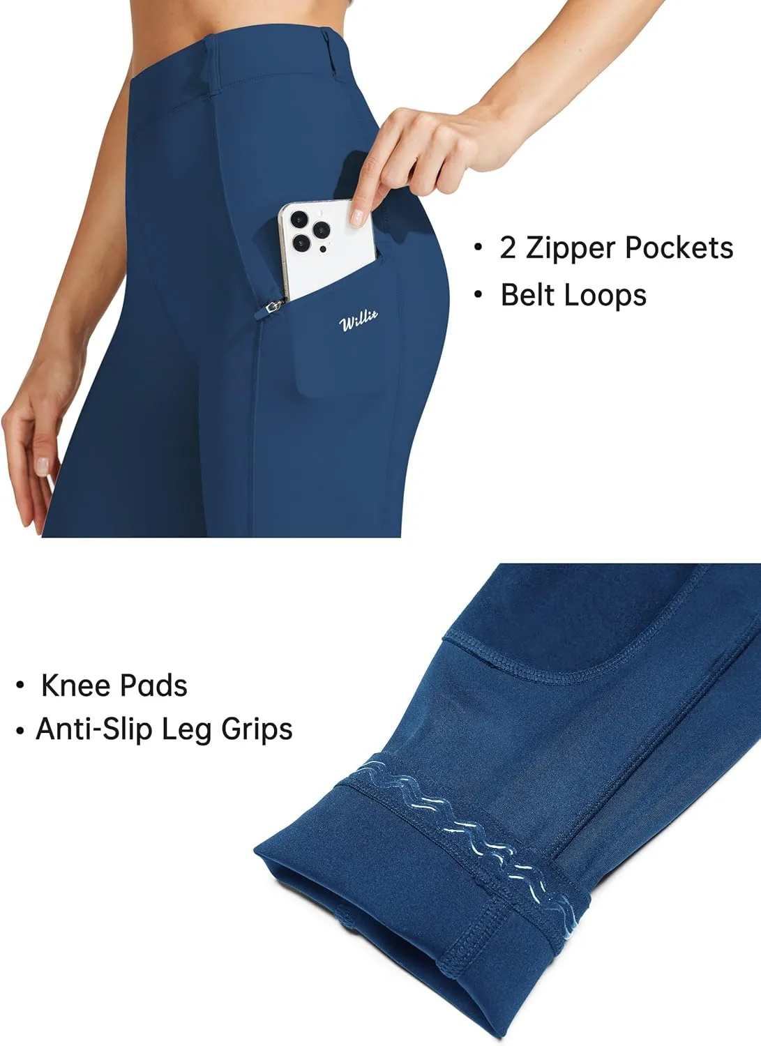 Willit Women's Horse Riding Pants Knee-Patch Equestrian Breeches Horseback Schooling Tights Zipper Pockets
