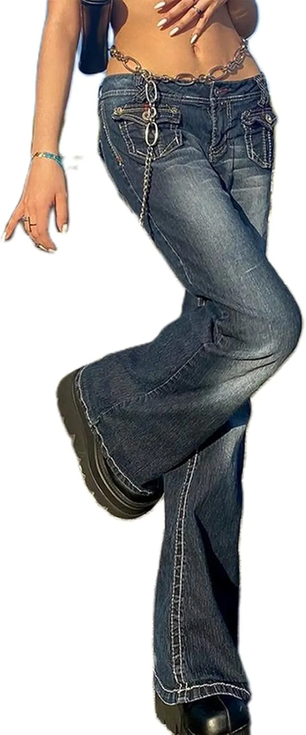 Women Baggy Jeans Y2K High Waist Straight Pants Vintage Wide Leg Denim Trousers Streetwear