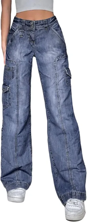 Women Baggy Jeans Y2K High Waist Straight Pants Vintage Wide Leg Denim Trousers Streetwear