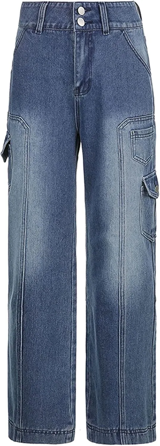 Women Baggy Jeans Y2K High Waist Straight Pants Vintage Wide Leg Denim Trousers Streetwear