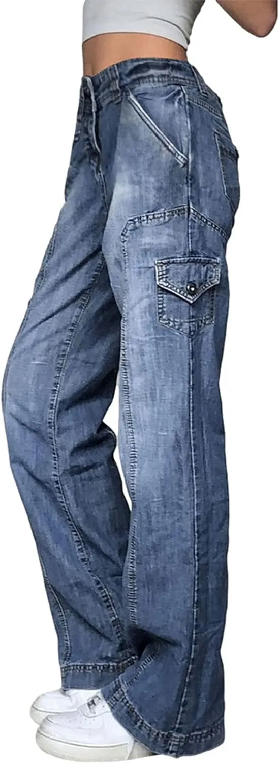 Women Baggy Jeans Y2K High Waist Straight Pants Vintage Wide Leg Denim Trousers Streetwear
