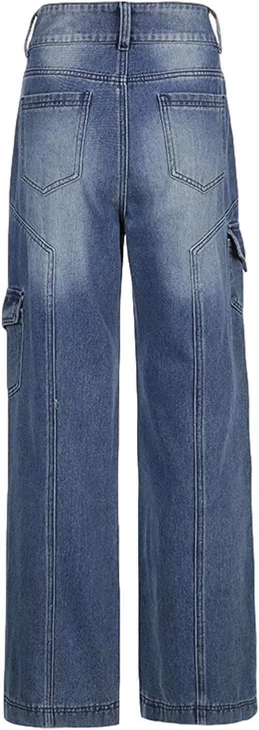Women Baggy Jeans Y2K High Waist Straight Pants Vintage Wide Leg Denim Trousers Streetwear