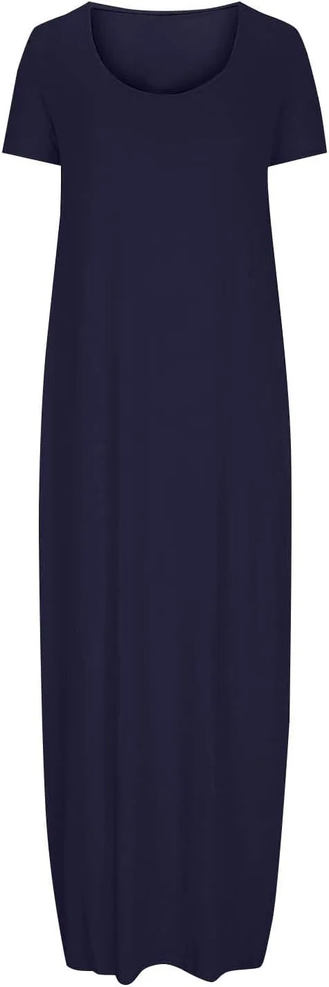 Women Boho Summer Maxi Dress 2025 Short Sleeve Casual Long Dresses Plain Crew Neck Beach Vacation A Line Sundress