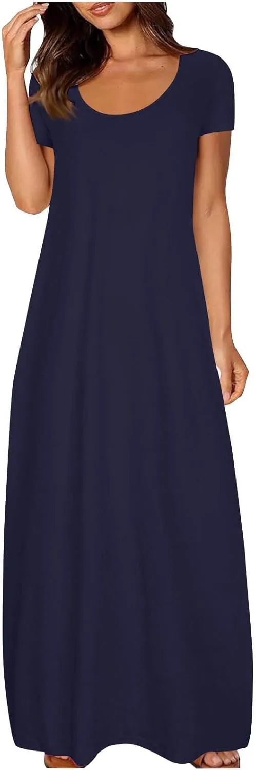 Women Boho Summer Maxi Dress 2025 Short Sleeve Casual Long Dresses Plain Crew Neck Beach Vacation A Line Sundress