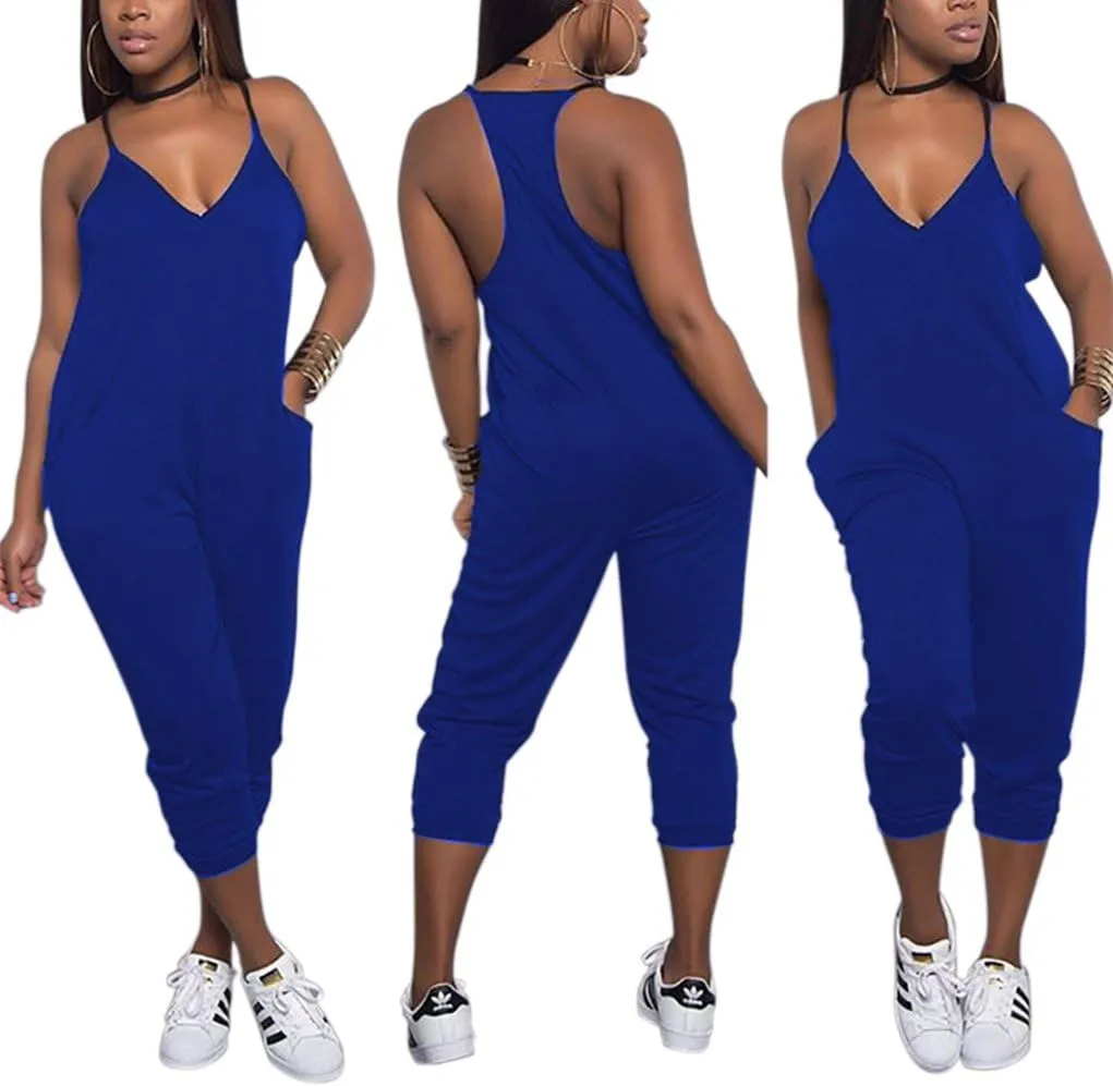 Women Casual Jumpsuit Sleeveless Strap V Neck One Piece Romper Harem Pants Playsuit Overalls