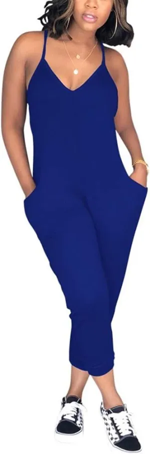 Women Casual Jumpsuit Sleeveless Strap V Neck One Piece Romper Harem Pants Playsuit Overalls