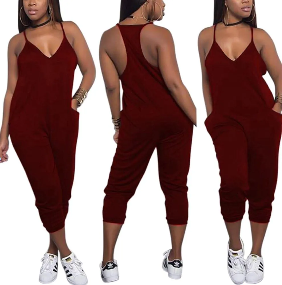 Women Casual Jumpsuit Sleeveless Strap V Neck One Piece Romper Harem Pants Playsuit Overalls
