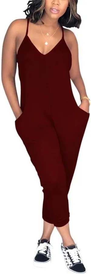Women Casual Jumpsuit Sleeveless Strap V Neck One Piece Romper Harem Pants Playsuit Overalls