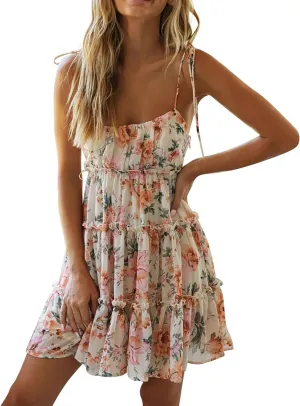Women Floral Mini Dress Spaghetti Strap Milkmaid Ruffle Tiered Skater Dress Cute Summer Flowy Swing Beach Sun Dresses