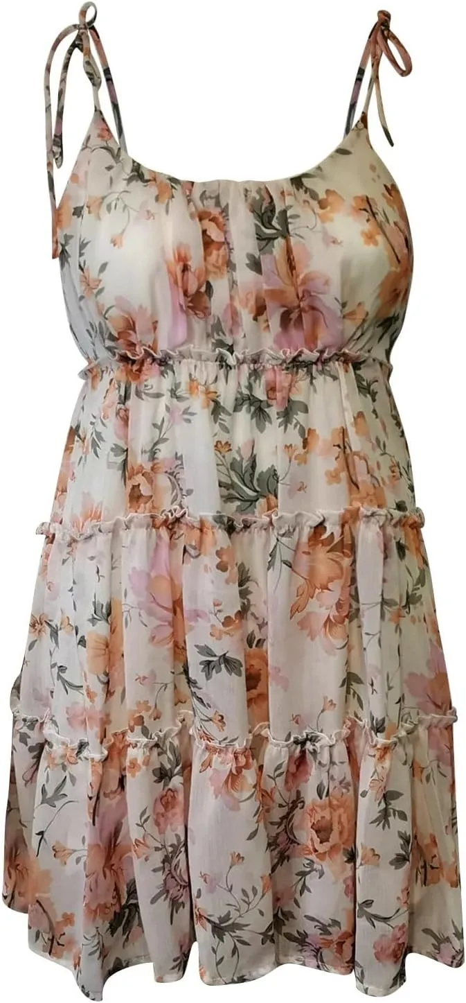 Women Floral Mini Dress Spaghetti Strap Milkmaid Ruffle Tiered Skater Dress Cute Summer Flowy Swing Beach Sun Dresses