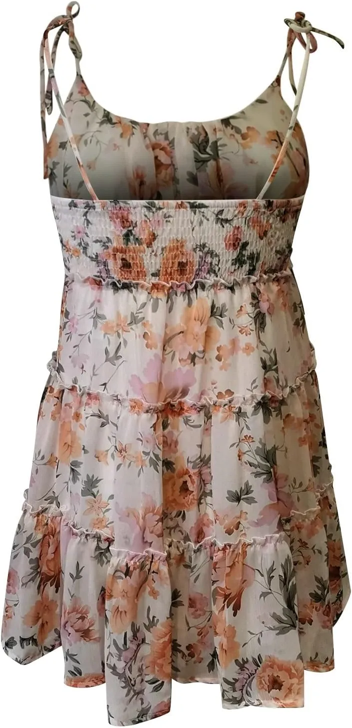 Women Floral Mini Dress Spaghetti Strap Milkmaid Ruffle Tiered Skater Dress Cute Summer Flowy Swing Beach Sun Dresses