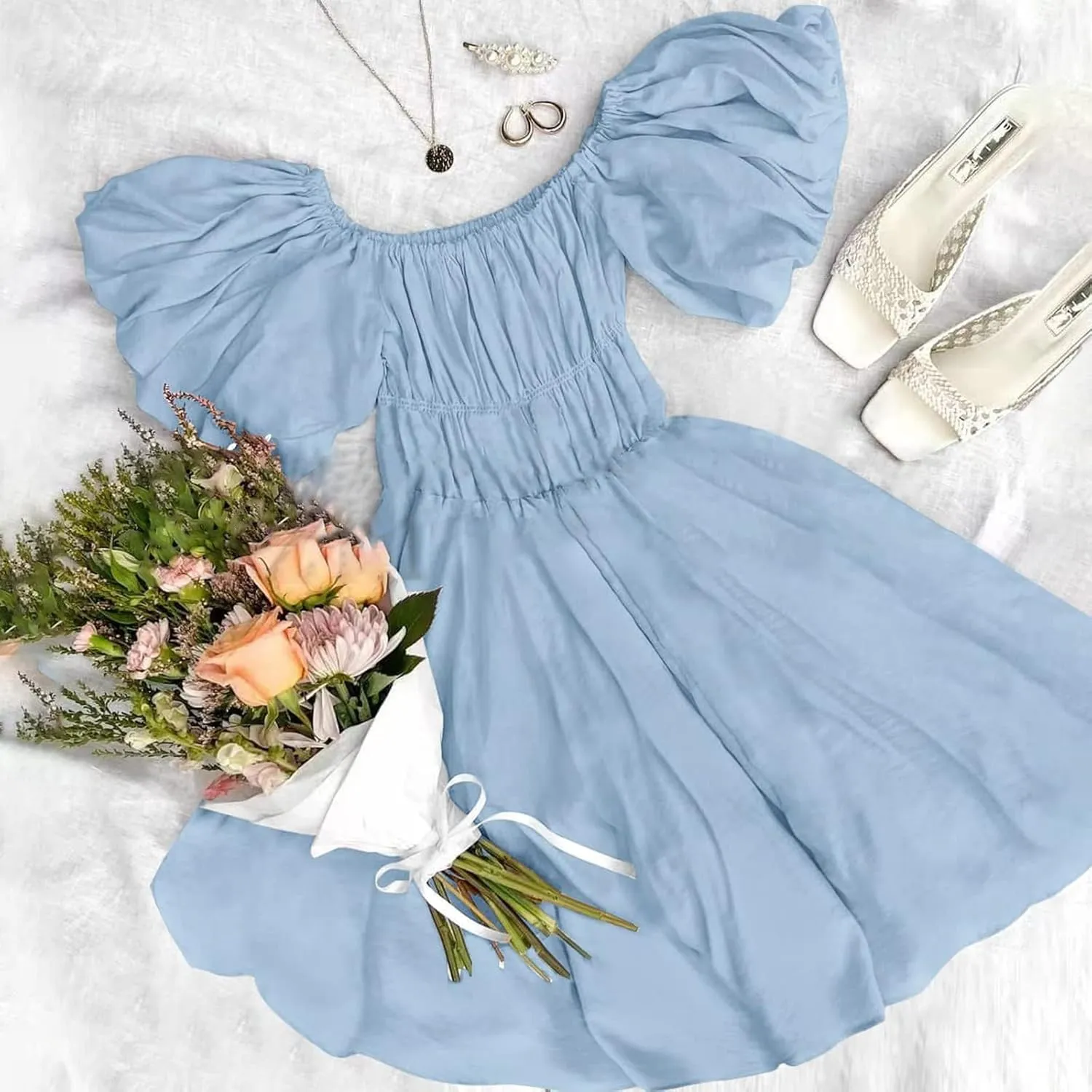 Women Off The Shoulder Summer Dresses 2024 Short Lantern Sleeve Ruffle Elastic Waist A-Line Casual Mini Dress Cocktail Dress