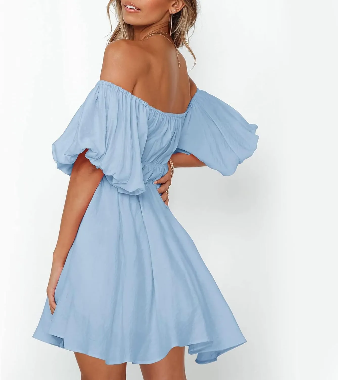 Women Off The Shoulder Summer Dresses 2024 Short Lantern Sleeve Ruffle Elastic Waist A-Line Casual Mini Dress Cocktail Dress