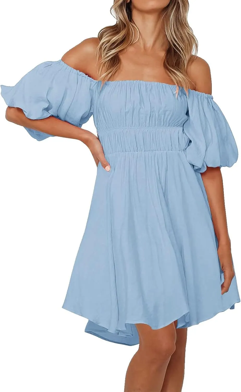 Women Off The Shoulder Summer Dresses 2024 Short Lantern Sleeve Ruffle Elastic Waist A-Line Casual Mini Dress Cocktail Dress
