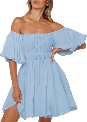 Women Off The Shoulder Summer Dresses 2024 Short Lantern Sleeve Ruffle Elastic Waist A-Line Casual Mini Dress Cocktail Dress