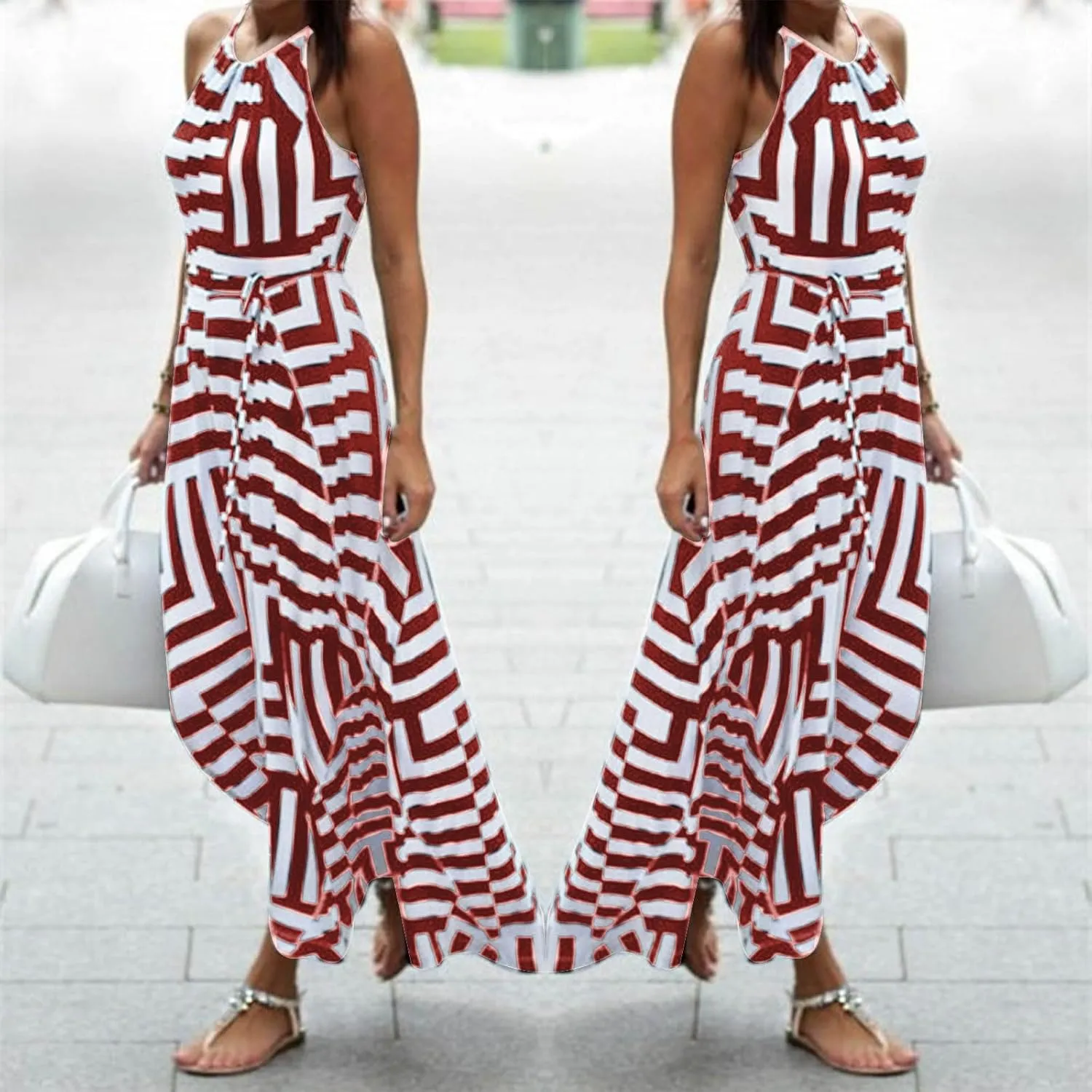 Women Spaghetti Strap Striped Sundress Sleeveless Tie Waist Maxi Dress Summer Smocked Flowy Trendy Boho Dresses 2024