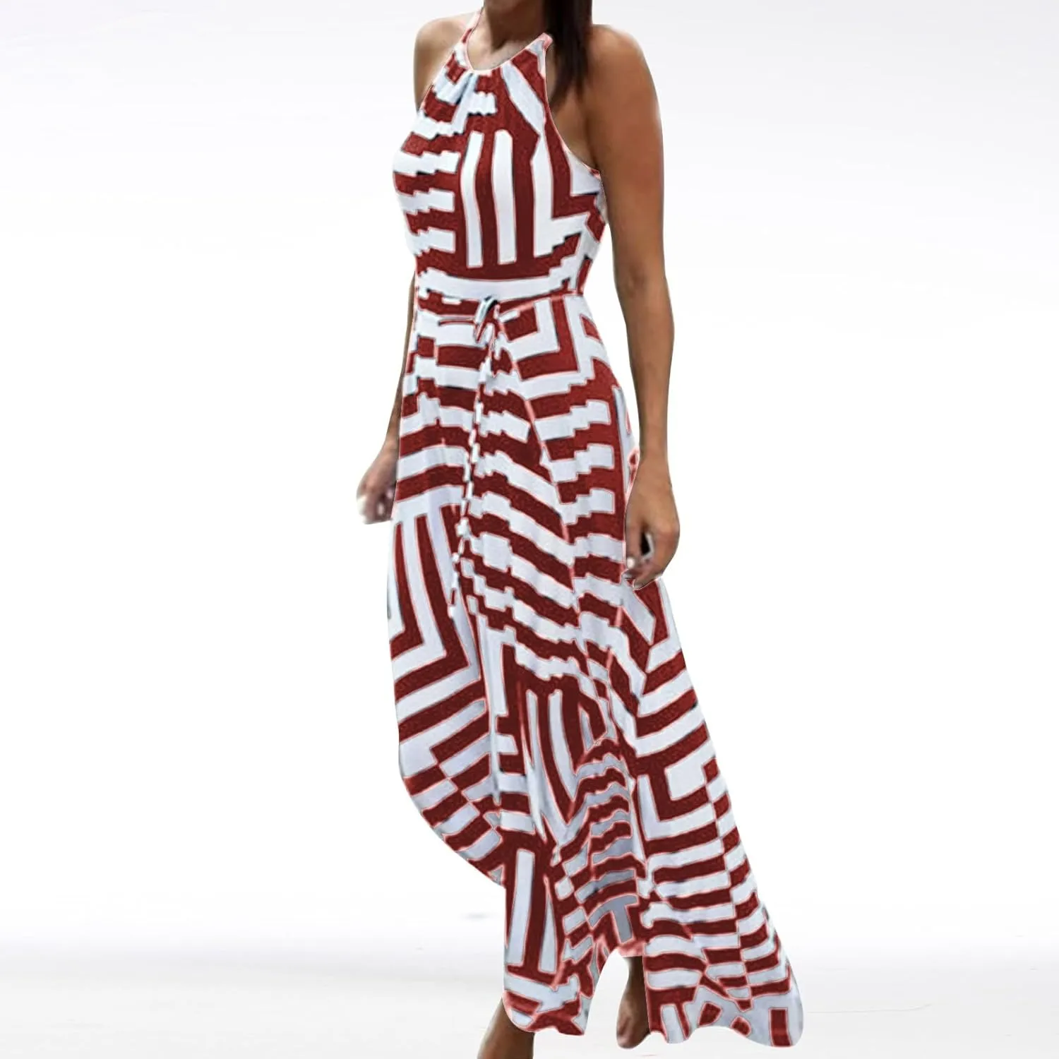 Women Spaghetti Strap Striped Sundress Sleeveless Tie Waist Maxi Dress Summer Smocked Flowy Trendy Boho Dresses 2024
