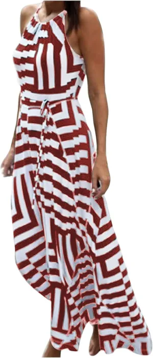 Women Spaghetti Strap Striped Sundress Sleeveless Tie Waist Maxi Dress Summer Smocked Flowy Trendy Boho Dresses 2024