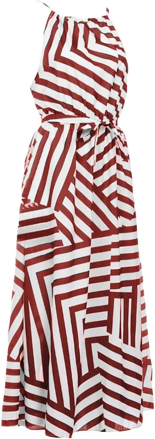 Women Spaghetti Strap Striped Sundress Sleeveless Tie Waist Maxi Dress Summer Smocked Flowy Trendy Boho Dresses 2024