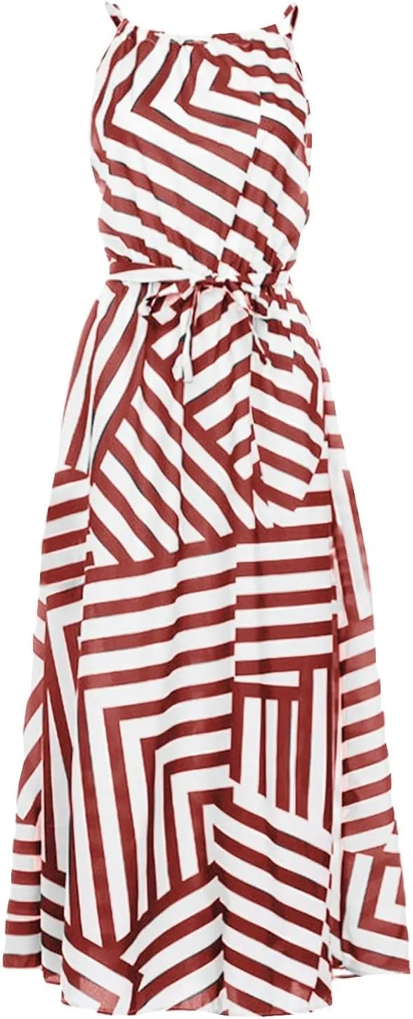 Women Spaghetti Strap Striped Sundress Sleeveless Tie Waist Maxi Dress Summer Smocked Flowy Trendy Boho Dresses 2024